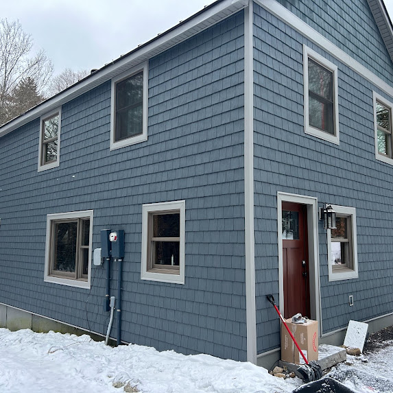 Blue Grey Siding Project, snow, remodeling