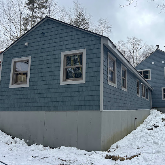 Blue Grey Siding Project, snow, remodeling